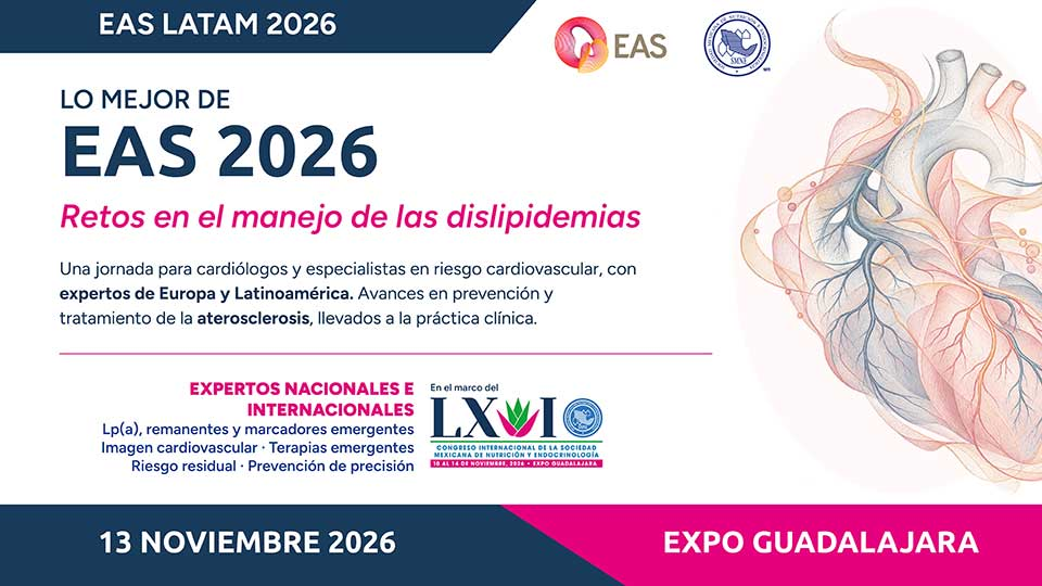 Cartel de EAS LATAM 2026 sobre dislipidemias, el 13 de noviembre en Expo Guadalajara, con ilustración anatómica del corazón.