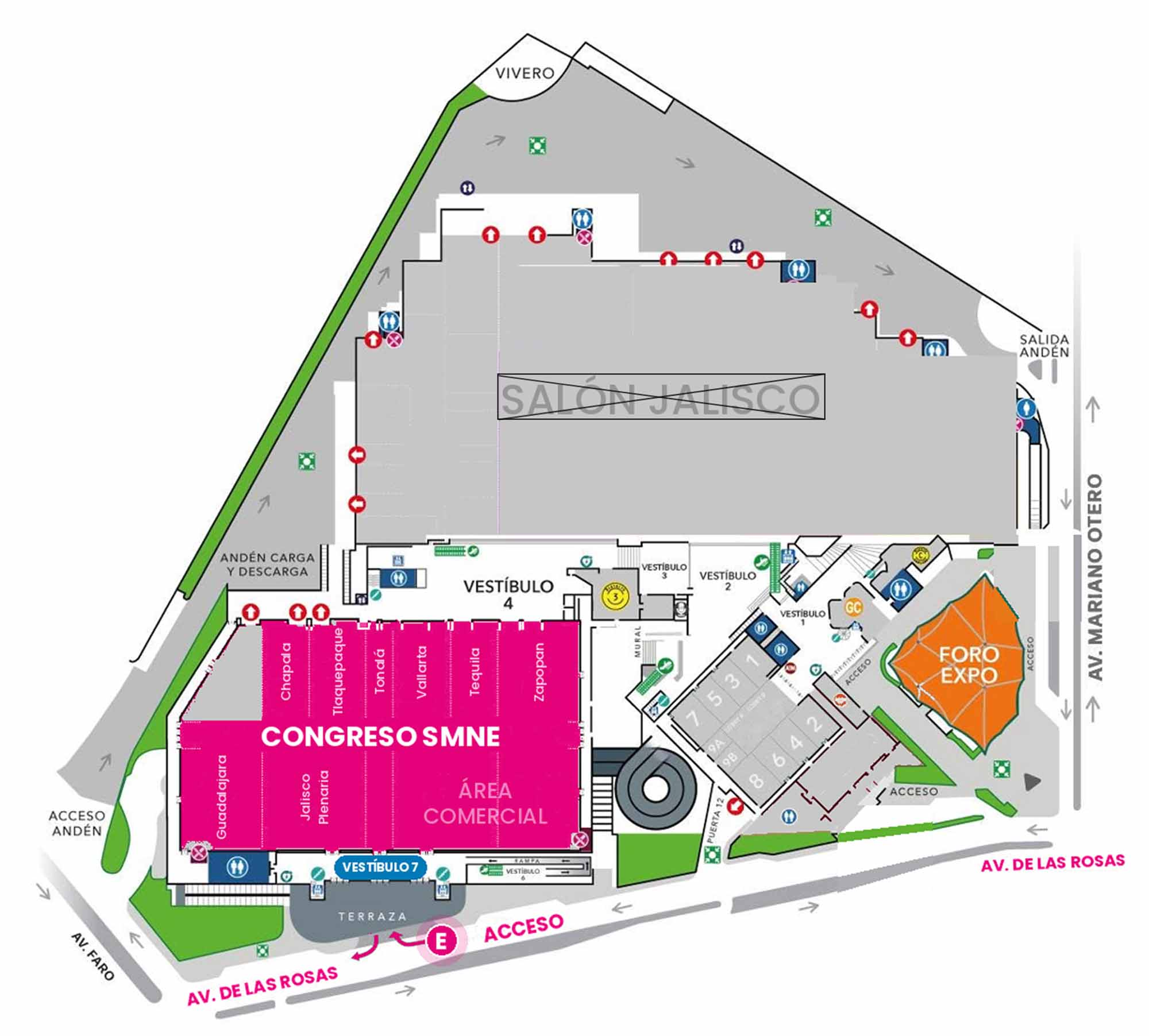 Plano de Expo Guadalajara: el Congreso SMNE y el área comercial aparecen resaltados en magenta, junto a la avenida de las Rosas. También se muestran el Salón Jalisco, los vestíbulos y la avenida Mariano Otero.